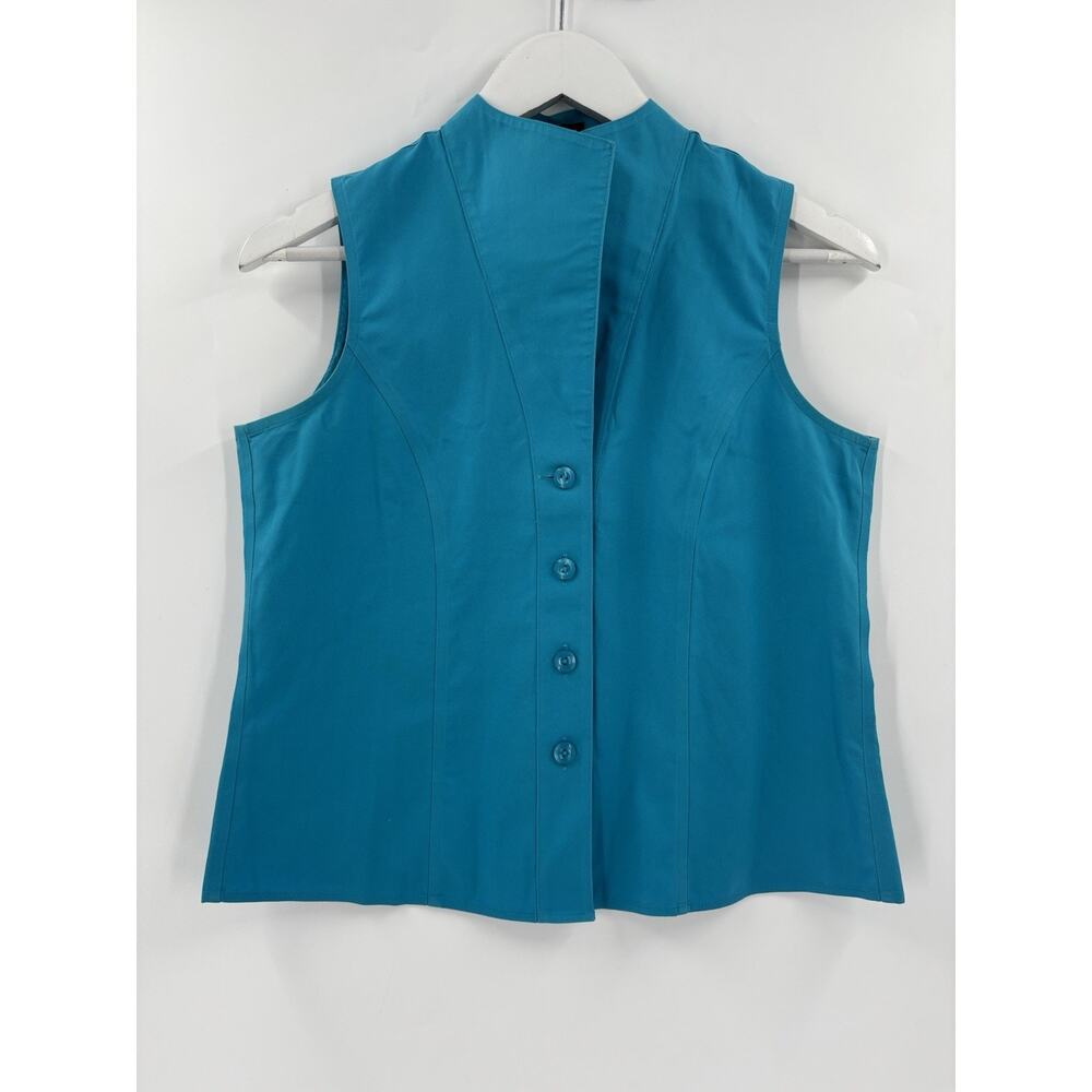 Jones New York Blouse Womens 6 Petite Blue Sleeveless 100% Cotton Vest Buttons
